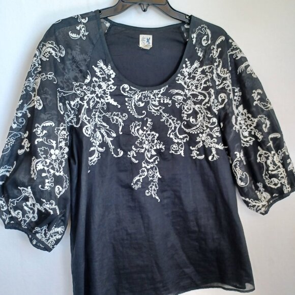 Anthropologie Top Edme & Esyllte Black Embroidered Puff Sleeve Blouse Womens 12 - Picture 5 of 8